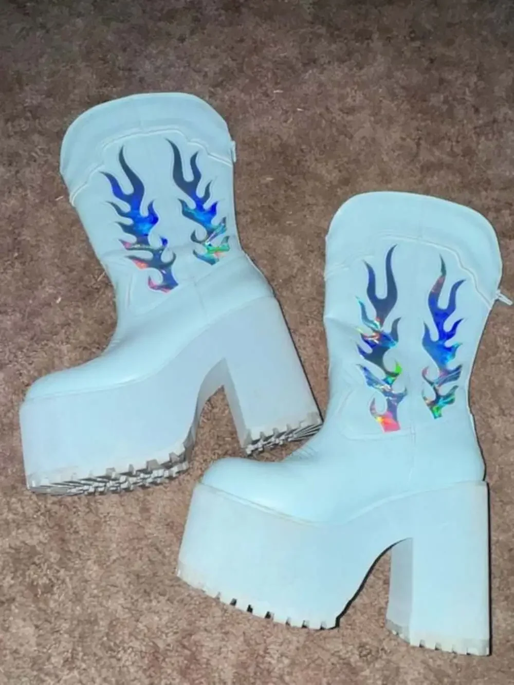 Club Exx Light Blue Holographic Flame Platform Cowboy Boots
